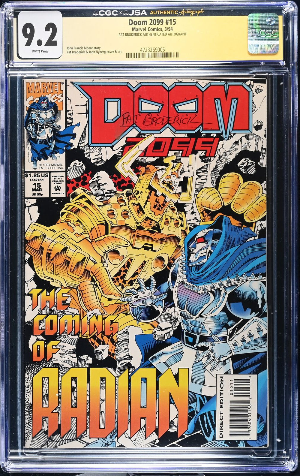 Doom 2099 #15 (Marvel, 1994) CGC 9.2 White Pages - Pat Broderick Authenticated Autograph