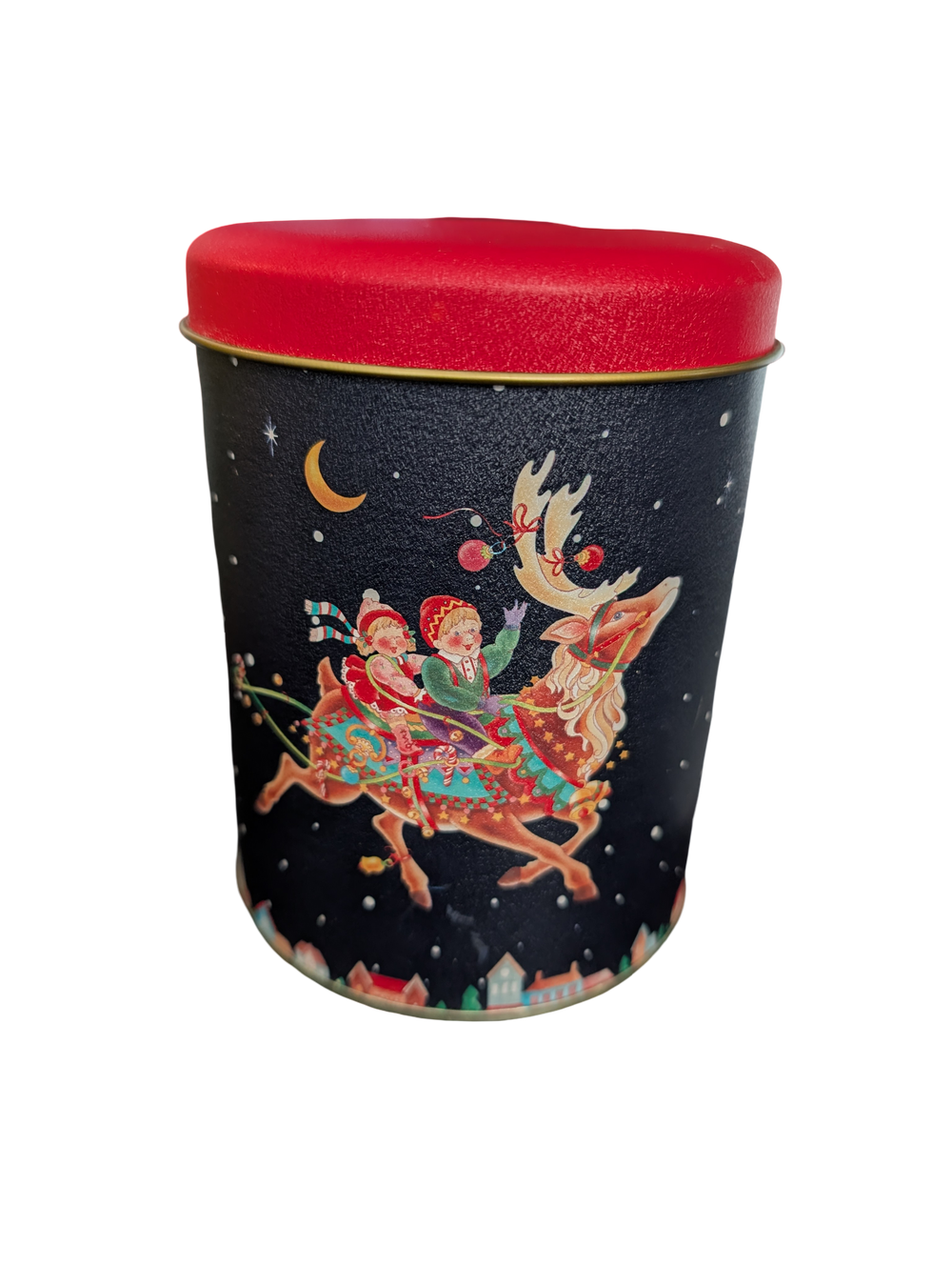 Vintage Blue & Red Christmas Tin with Two Children on a Reindeer