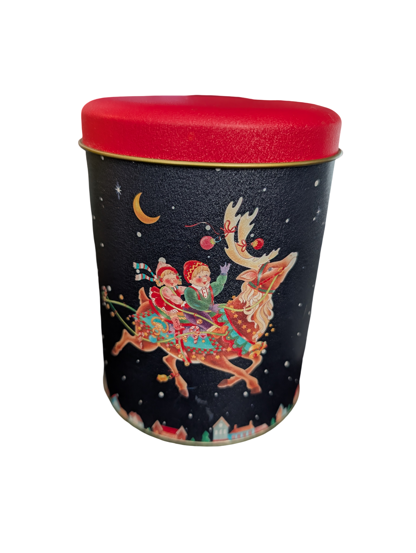 Vintage Blue & Red Christmas Tin with Two Children on a Reindeer