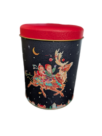 Vintage Blue & Red Christmas Tin with Two Children on a Reindeer