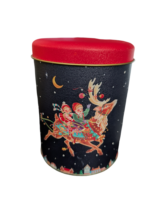 Vintage Blue & Red Christmas Tin with Two Children on a Reindeer