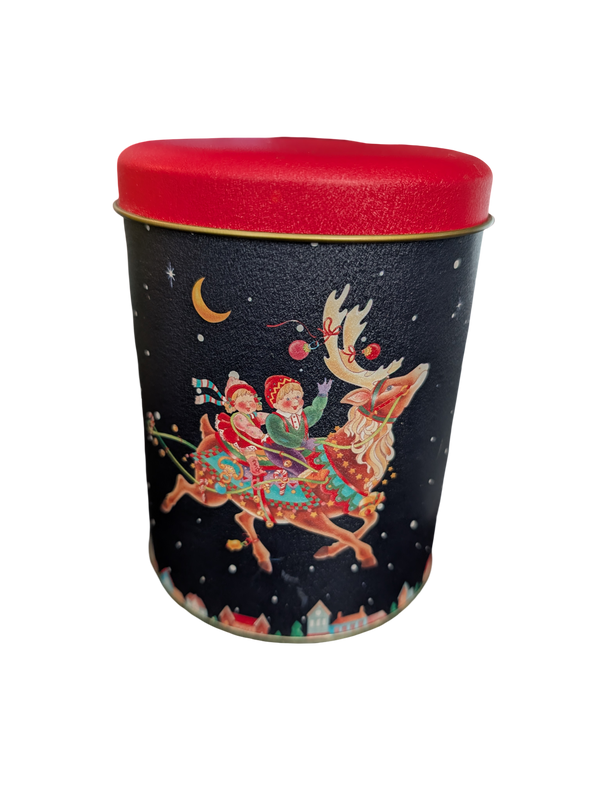 Vintage Blue & Red Christmas Tin with Two Children on a Reindeer