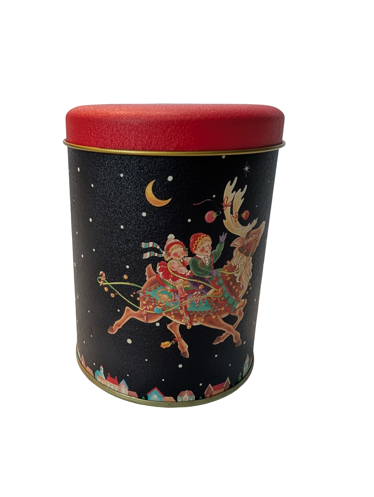 Vintage Blue & Red Christmas Tin with Two Children on a Reindeer