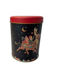 Vintage Blue & Red Christmas Tin with Two Children on a Reindeer