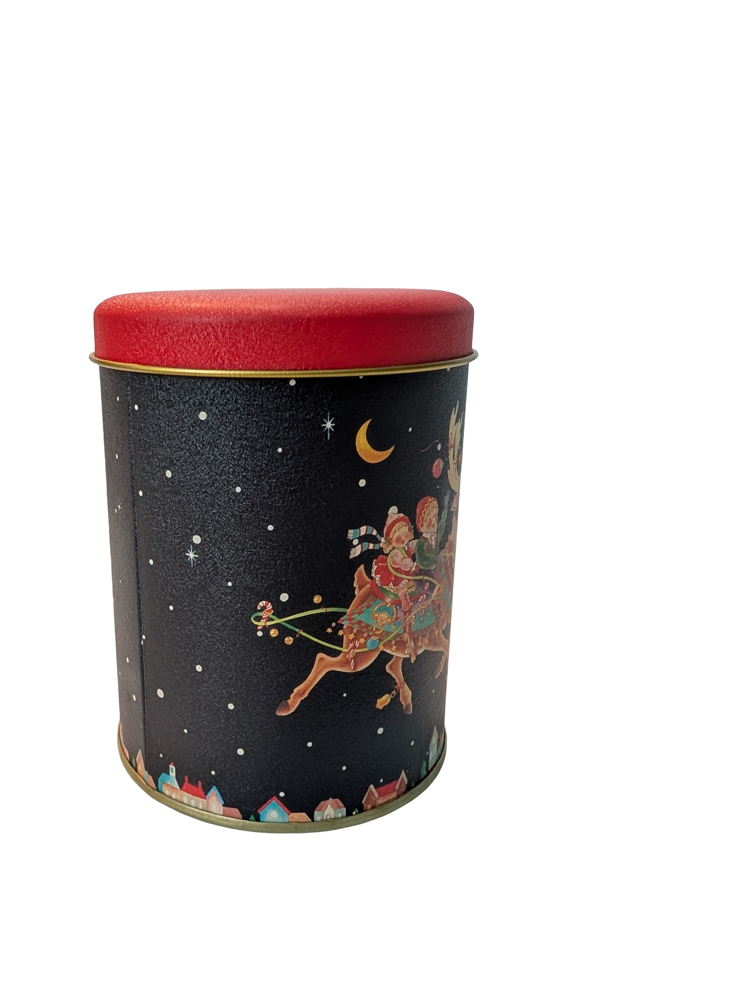 Vintage Blue & Red Christmas Tin with Two Children on a Reindeer