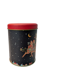Vintage Blue & Red Christmas Tin with Two Children on a Reindeer