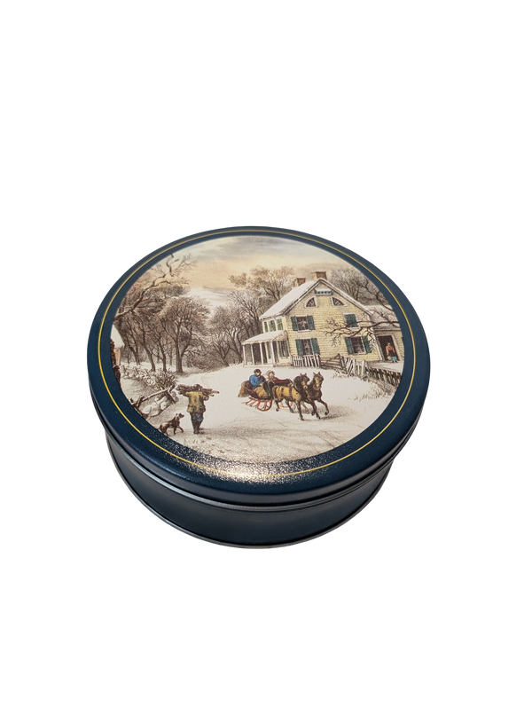Vintage Currier & Ives American Homestead Winter Round Cookie or Biscuit Tin