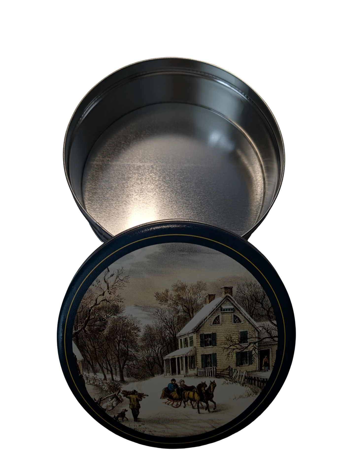 Vintage Currier & Ives American Homestead Winter Round Cookie or Biscuit Tin