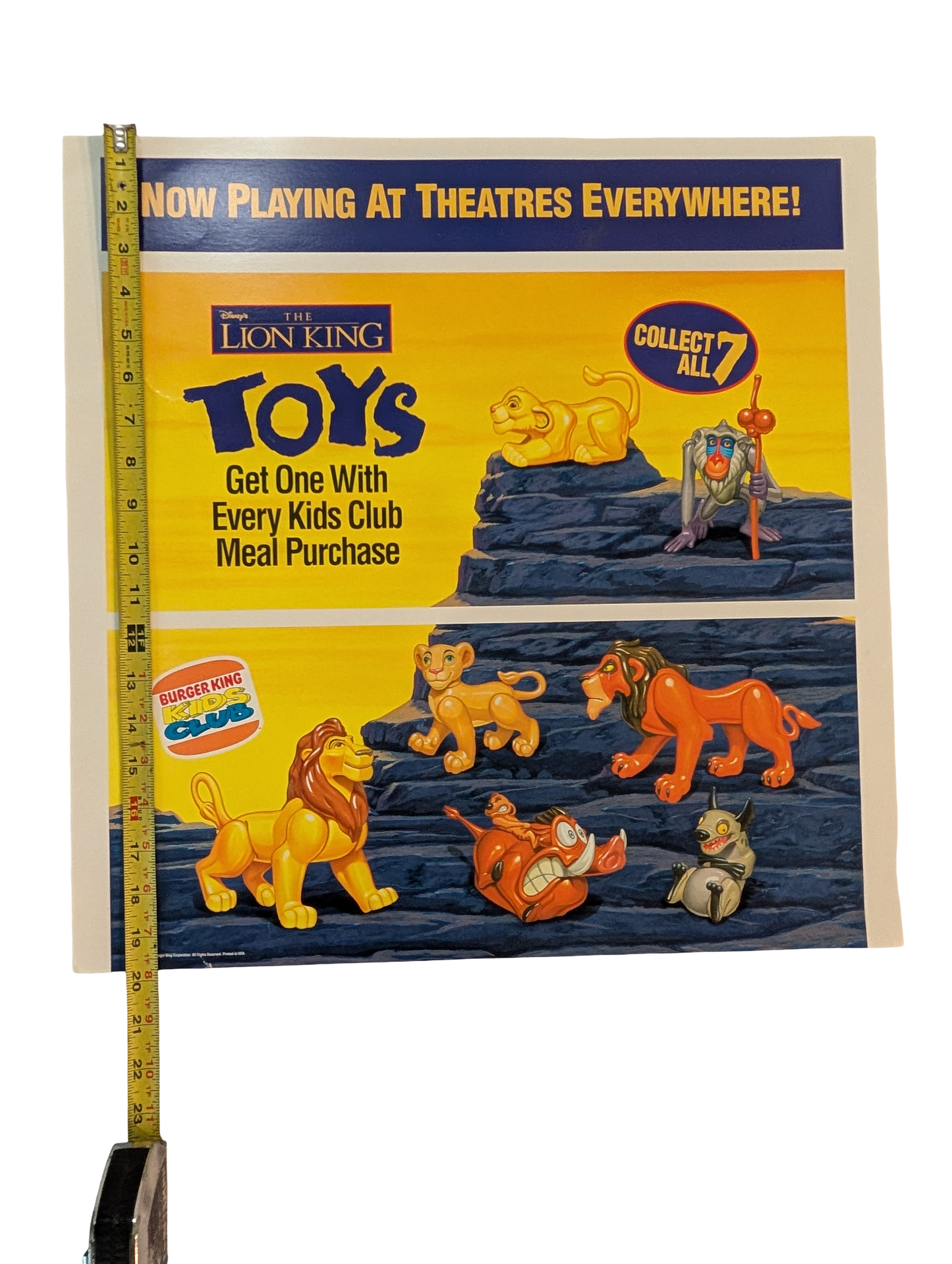1994 Burger King Kids Club - "Lion King" Now Playing in Theaters Poster 20" x 20"