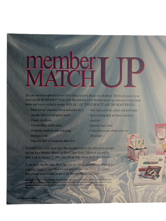 "Beauty and the Beast" 1991 Burger King Member Match Up Poster 19.5 in x 20in