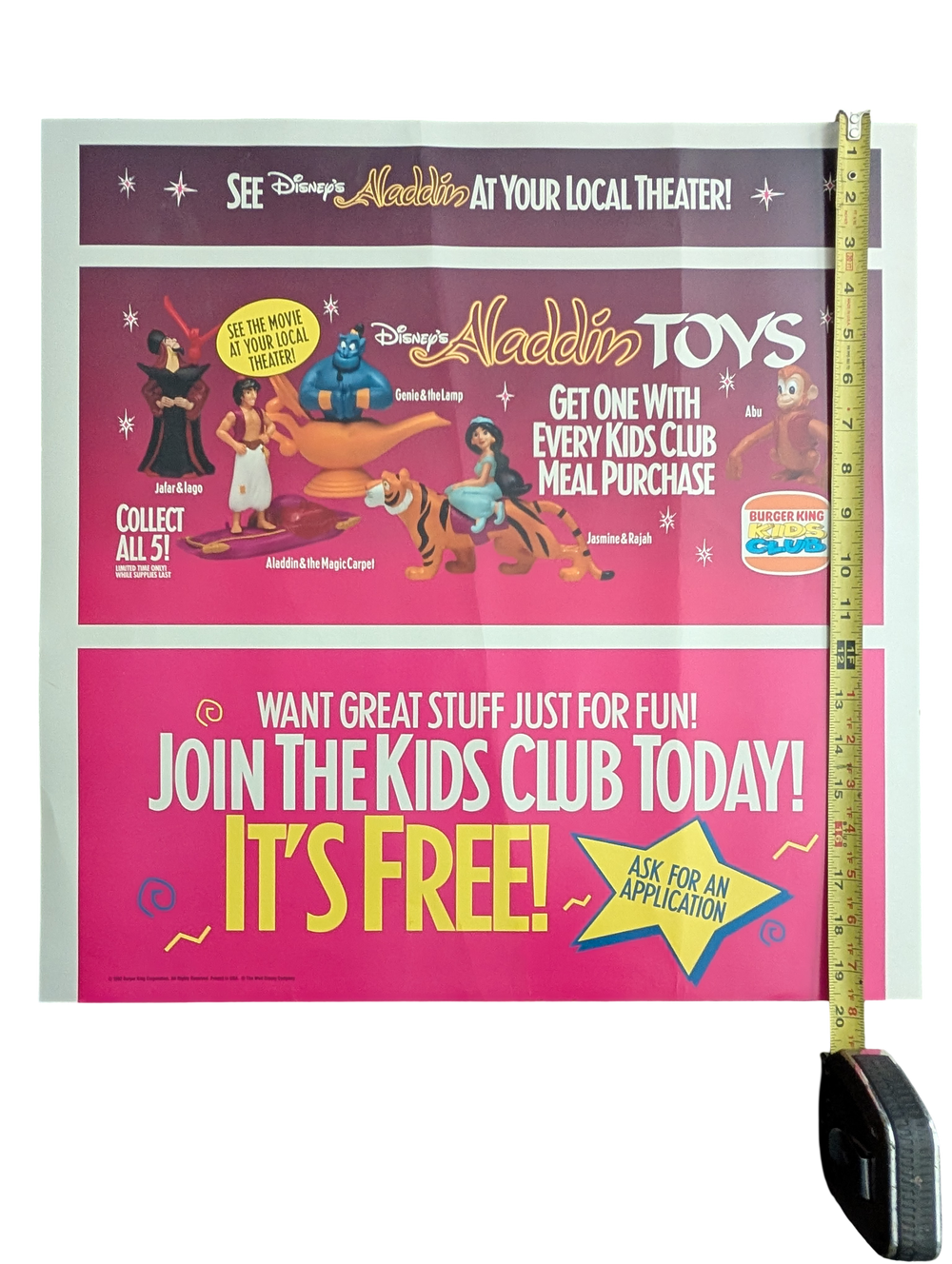 "Aladdin" 1992 Burger King Kids Club Toy Poster 19.5 in x 20 in