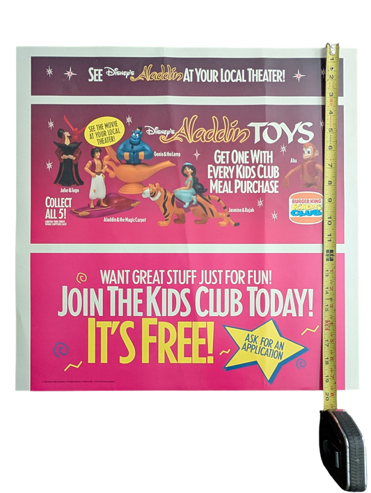 "Aladdin" 1992 Burger King Kids Club Toy Poster 19.5 in x 20 in
