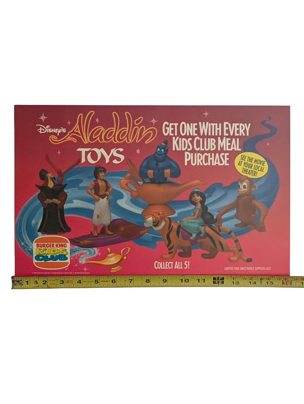 "Aladdin" 1992 Burger King Kids Club Toy Poster 16 in x 10 in