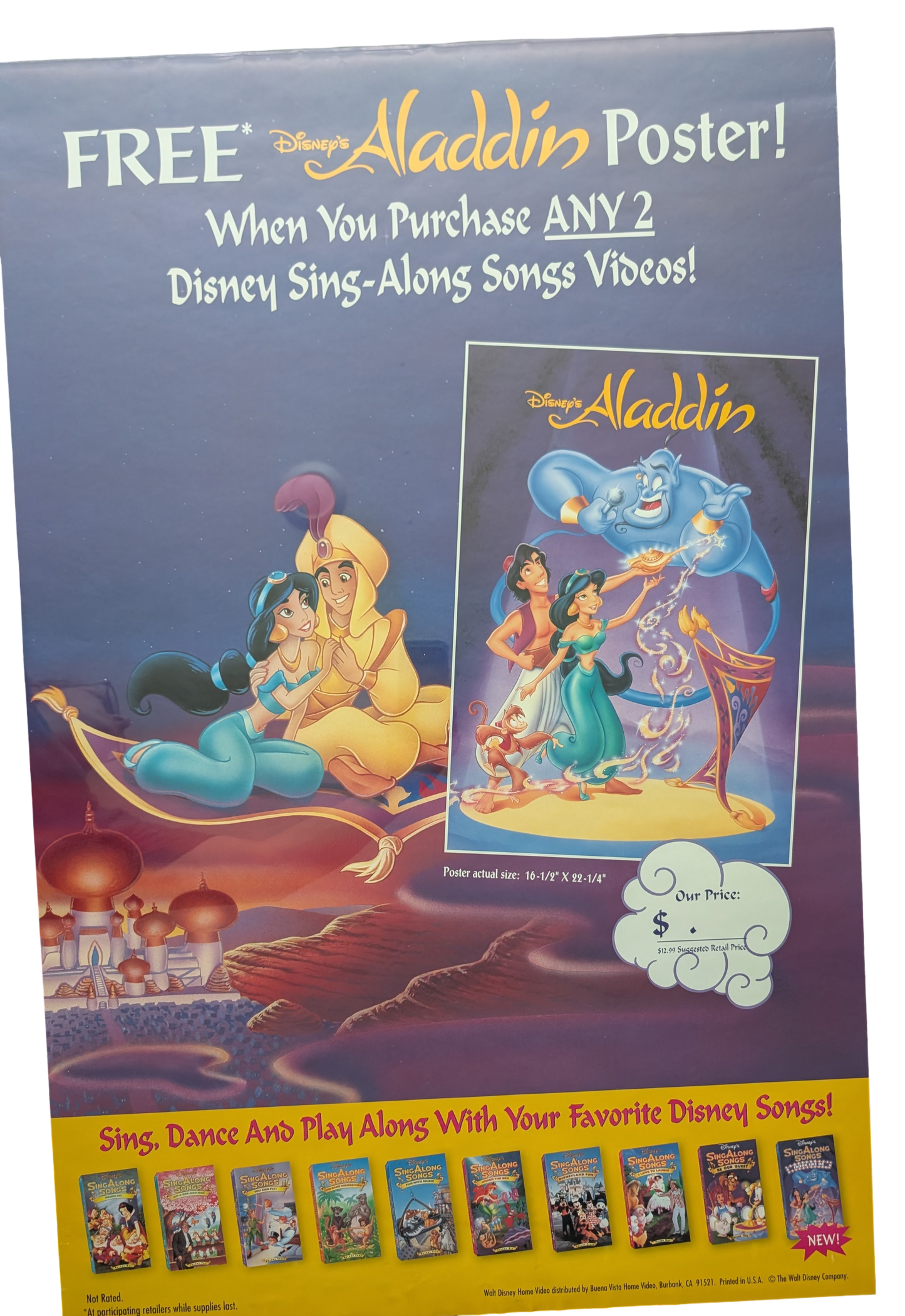 Disney's Aladdin Sing Along Movie Poster double sided 26in x 40in