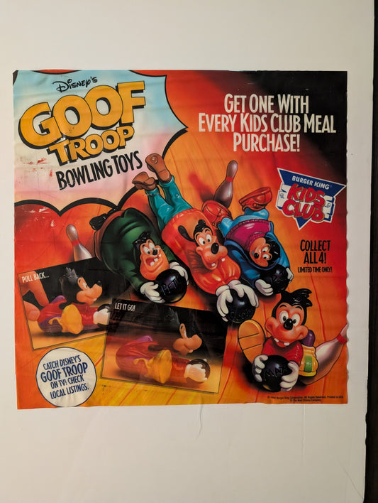 Disney's Goof Troop Bowling Toys Burger King Kids Club Window Decal 20in x 20in