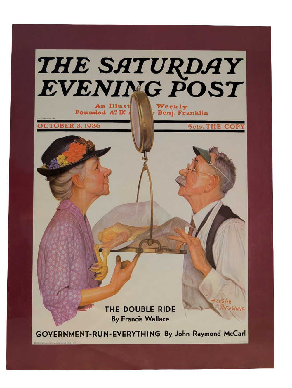 The Saturday Evening Post October 3, 1936 "Tipping the Scales" by Leslie Thrasher 13in x 17in Print