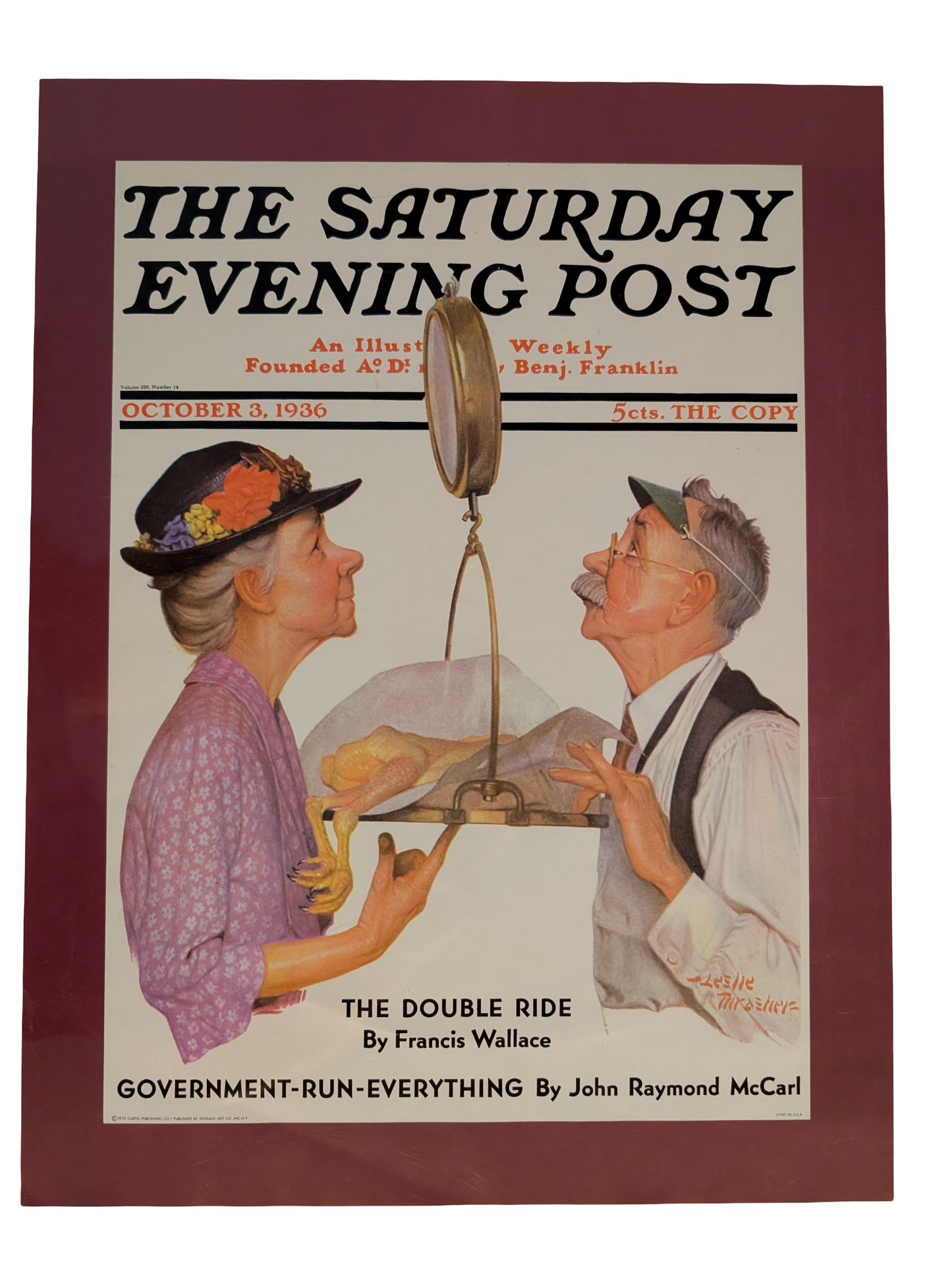 The Saturday Evening Post October 3, 1936 "Tipping the Scales" by Leslie Thrasher 13in x 17in Print