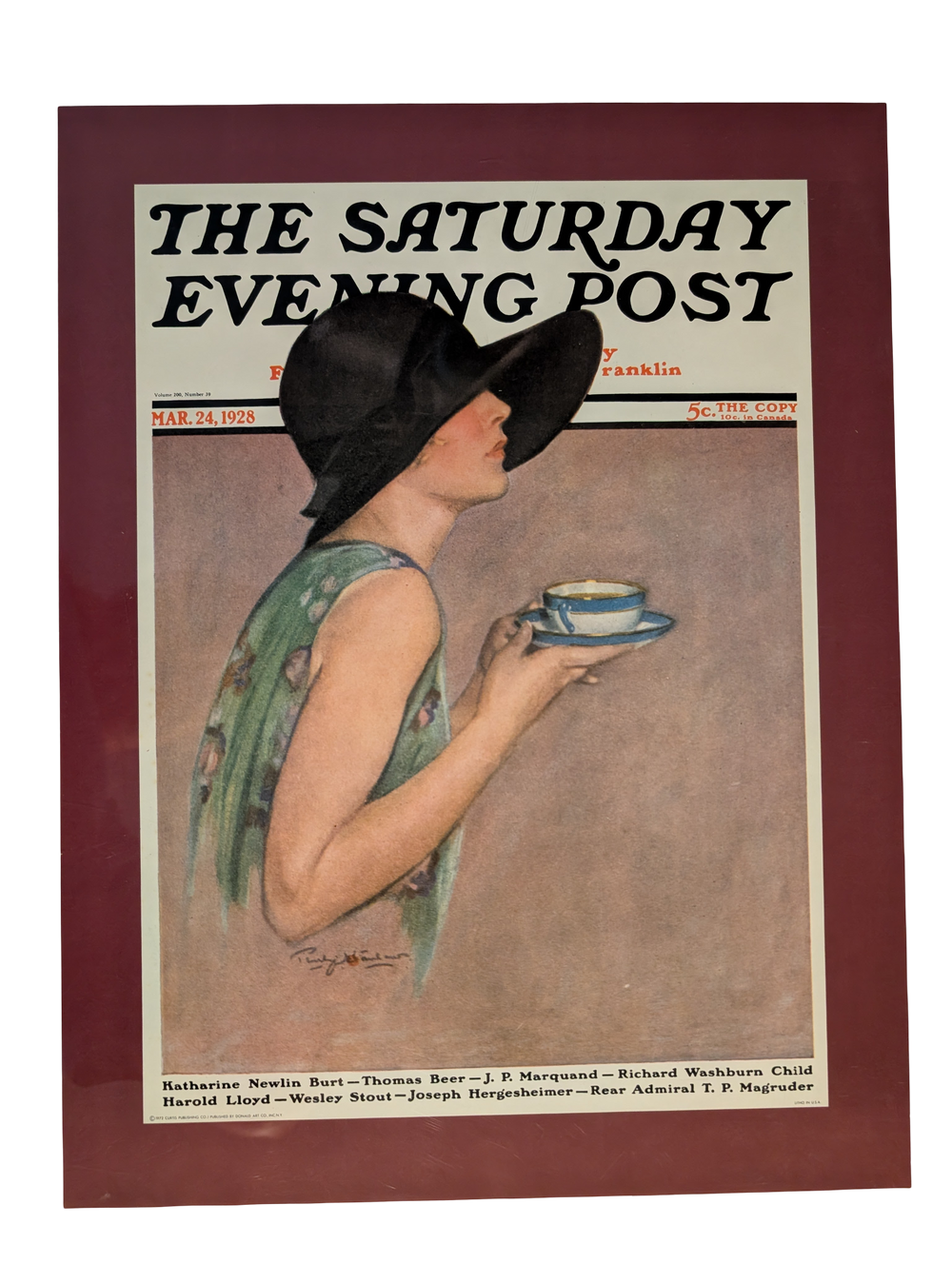 The Saturday Evening Post March 24, 1928 "Lady in Wide Brim Hat Holding Tea Cup" by Penrhyn Stanlaws 13in x 17in Print