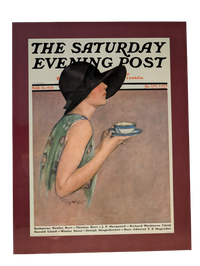 The Saturday Evening Post March 24, 1928 "Lady in Wide Brim Hat Holding Tea Cup" by Penrhyn Stanlaws 13in x 17in Print