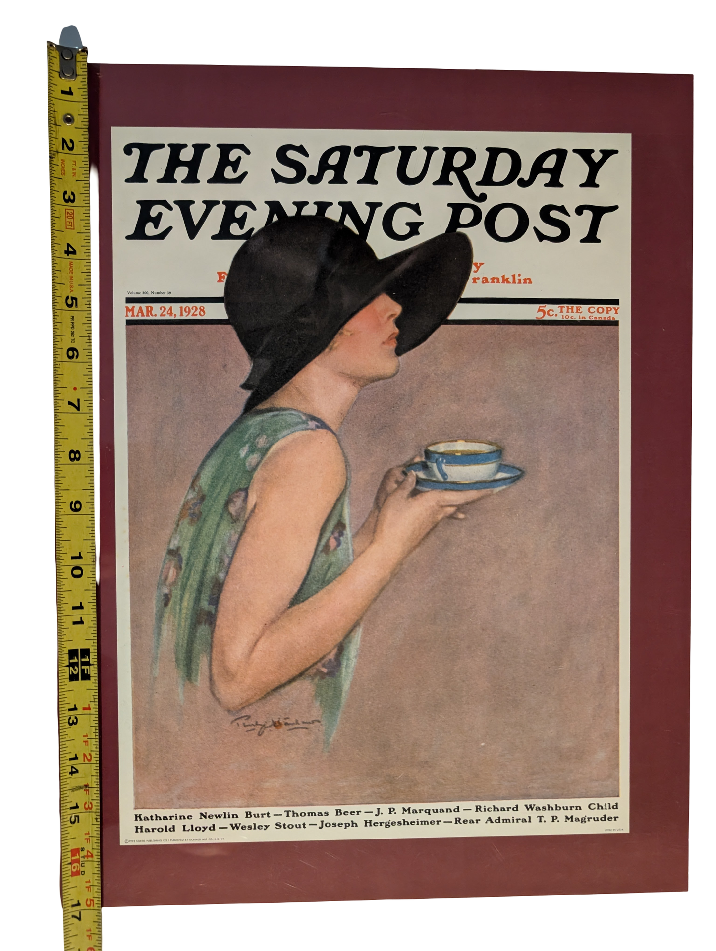 The Saturday Evening Post March 24, 1928 "Lady in Wide Brim Hat Holding Tea Cup" by Penrhyn Stanlaws 13in x 17in Print