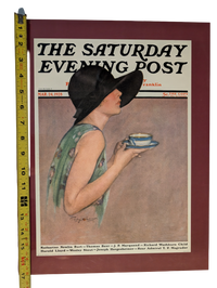 The Saturday Evening Post March 24, 1928 "Lady in Wide Brim Hat Holding Tea Cup" by Penrhyn Stanlaws 13in x 17in Print