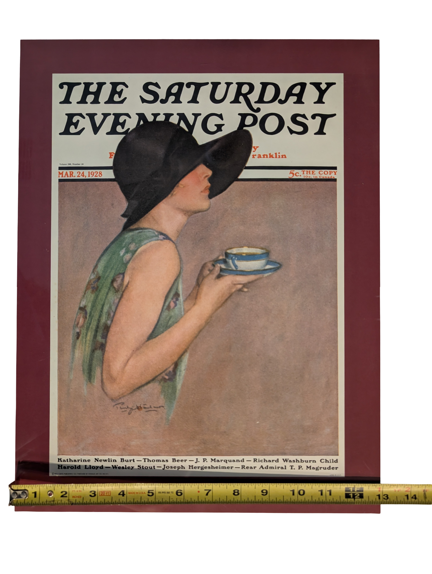 The Saturday Evening Post March 24, 1928 "Lady in Wide Brim Hat Holding Tea Cup" by Penrhyn Stanlaws 13in x 17in Print