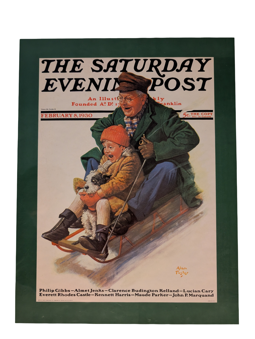 The Saturday Evening Post February 8, 1930 "Sledding with Grandpa" by Alan Foster 13in x 17in Print