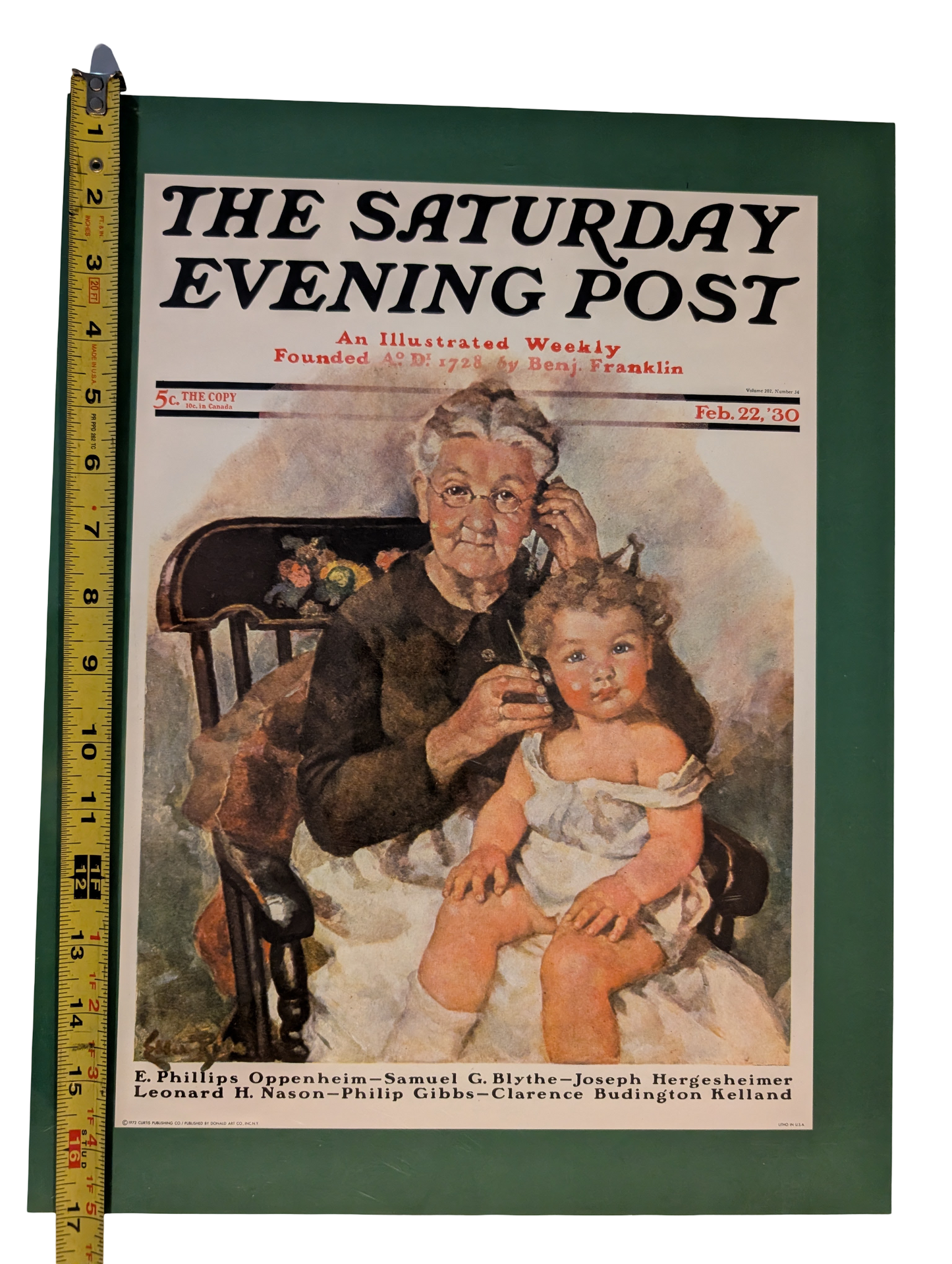 The Saturday Evening Post February 22, 1930 "Grandma and granddaughter listening to radio handset" by Ellen Pyle 13in x 17in Print