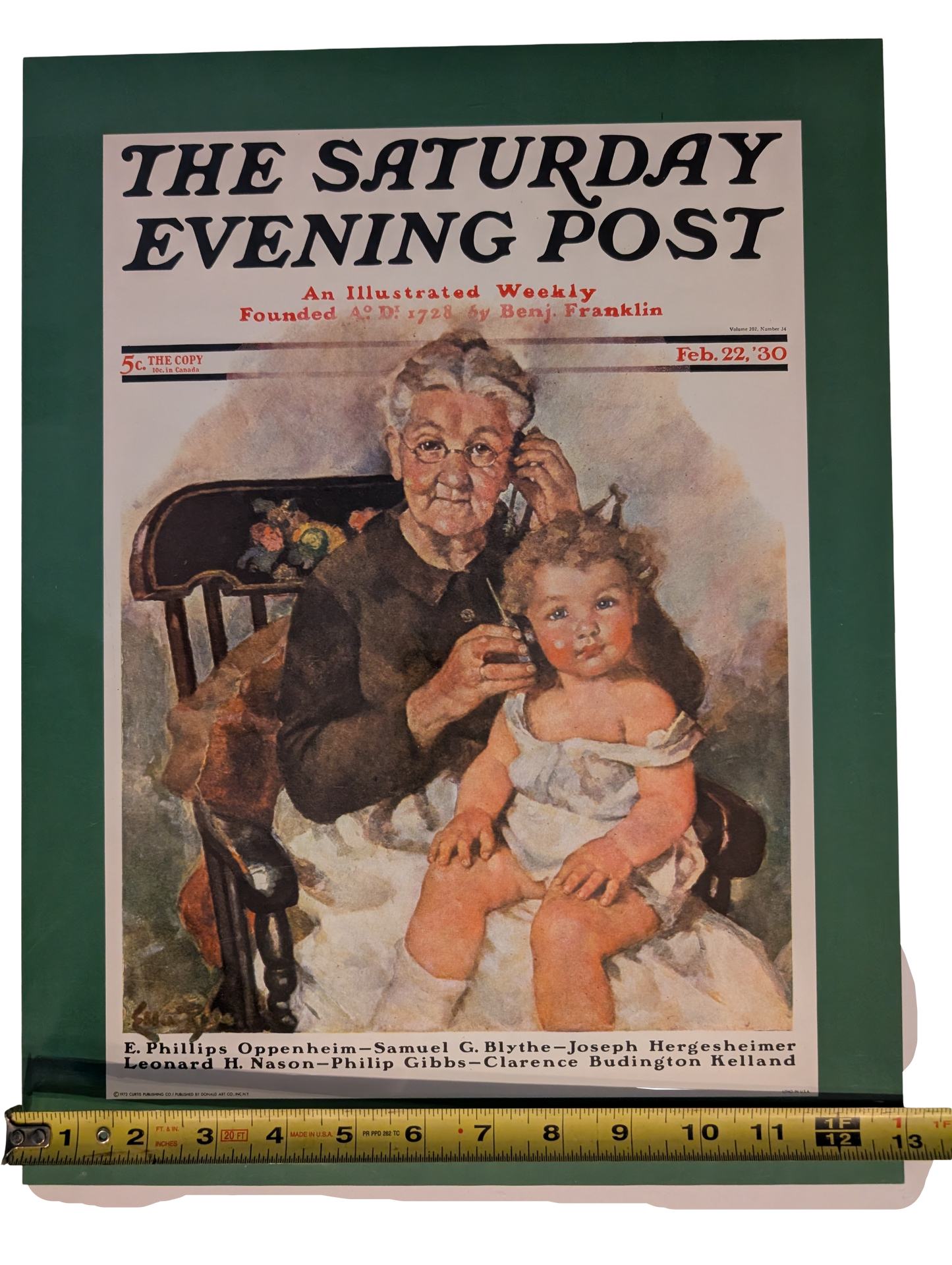 The Saturday Evening Post February 22, 1930 "Grandma and granddaughter listening to radio handset" by Ellen Pyle 13in x 17in Print