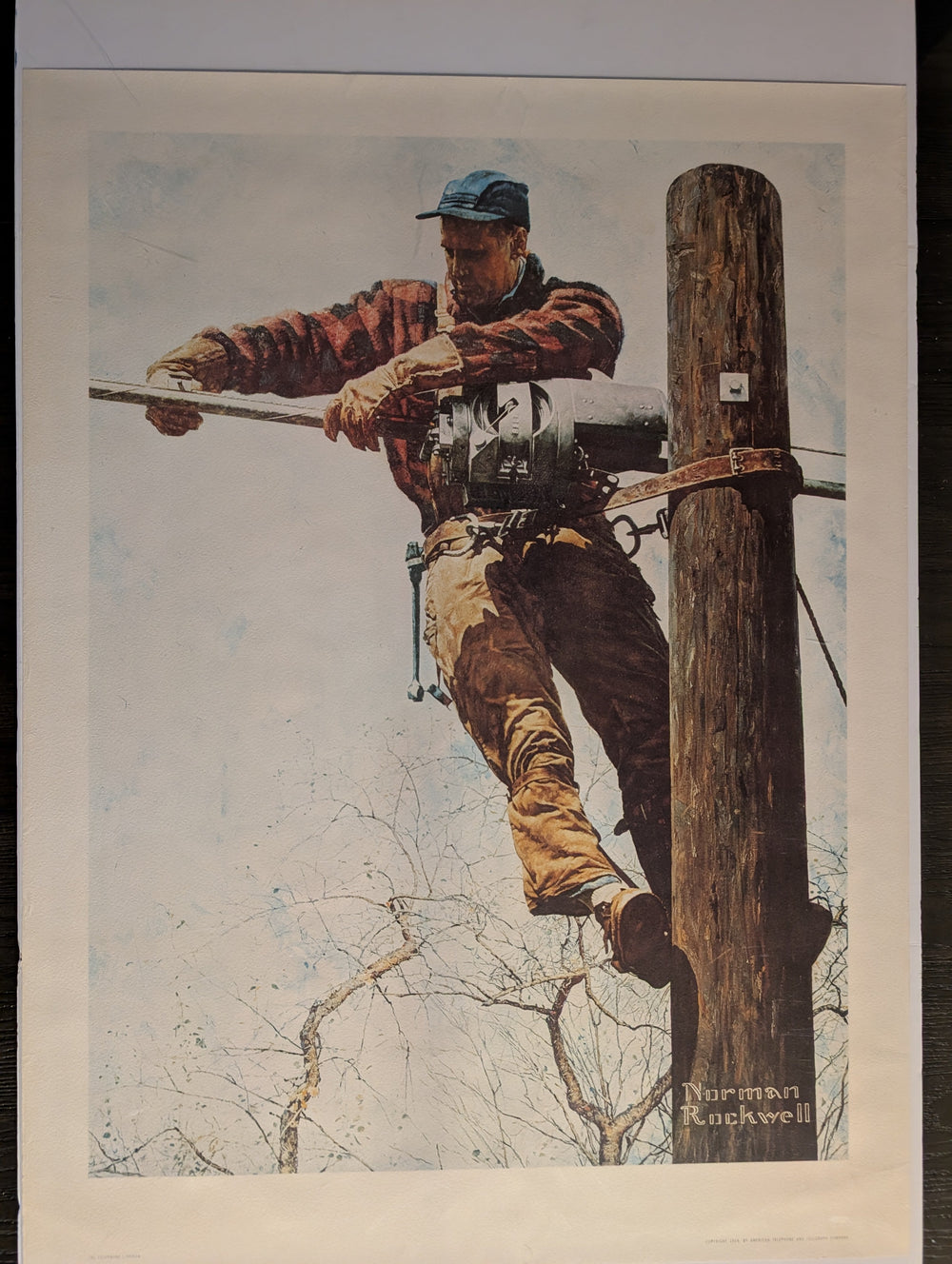 "The Telephone Lineman" by Norman Rockwell Print 27.5in x 37in