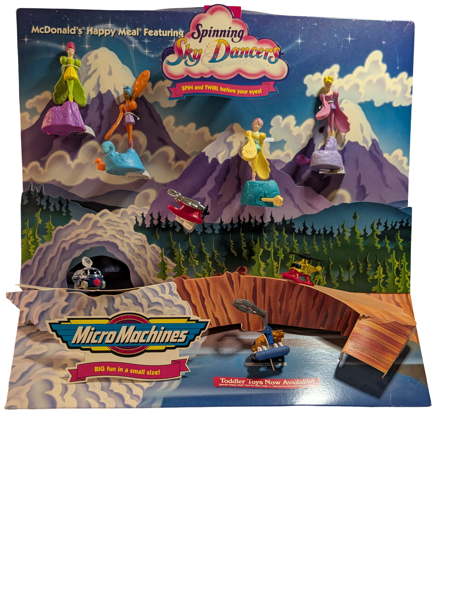 McDonald's Happy Meal Featuring Spinning Sky Dancers & Micro Machines Toy Display