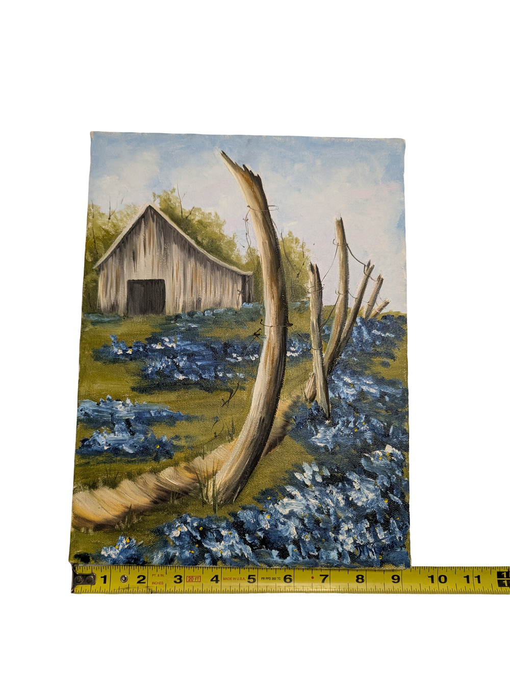 Farm house with blue flowers acrylic painting 9in x 12in Canvas