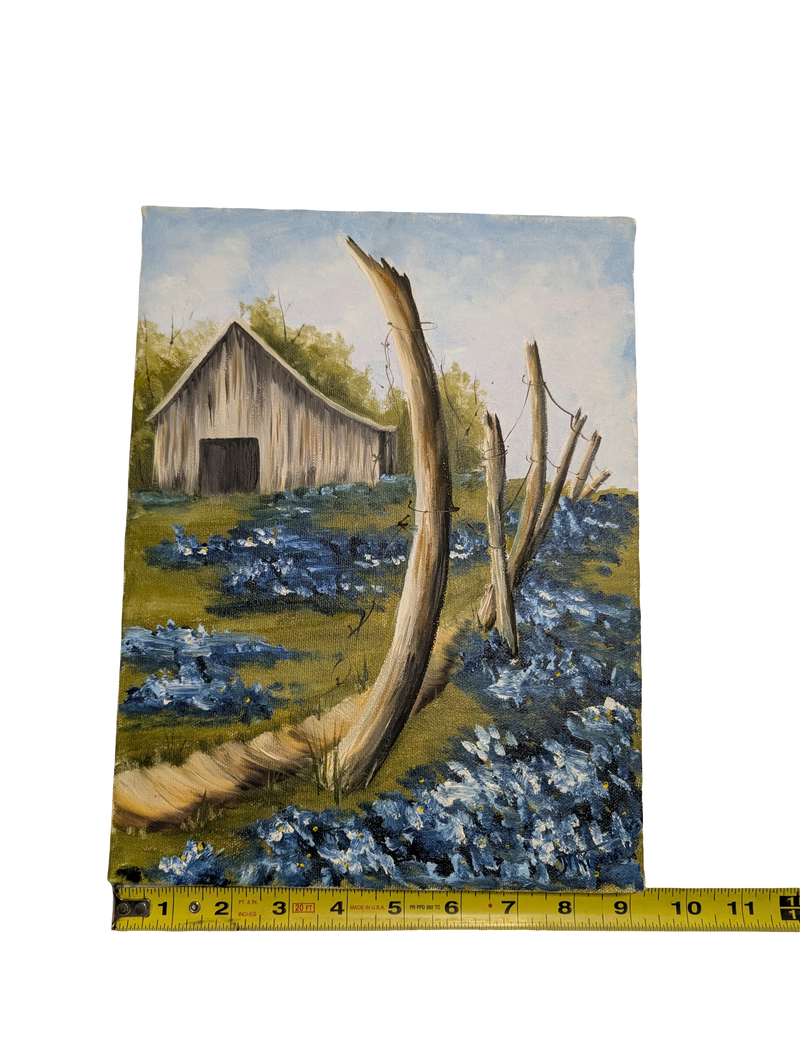 Farm house with blue flowers acrylic painting 9in x 12in Canvas