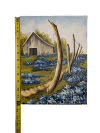 Farm house with blue flowers acrylic painting 9in x 12in Canvas