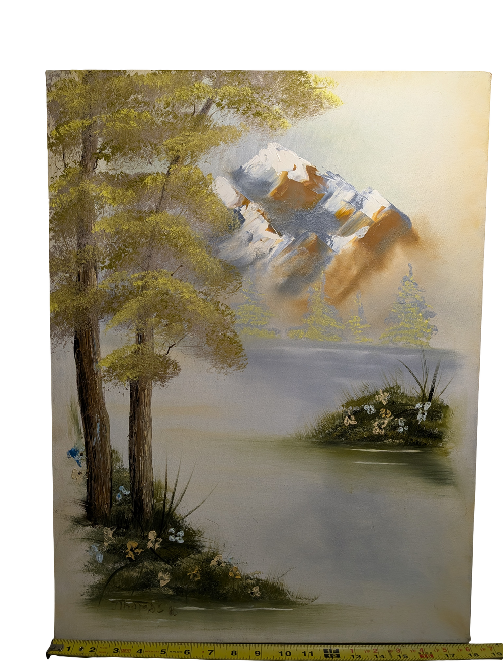 Snow capped Mountain overlooking the Lake acrylic painting 18in x 24in Canvas
