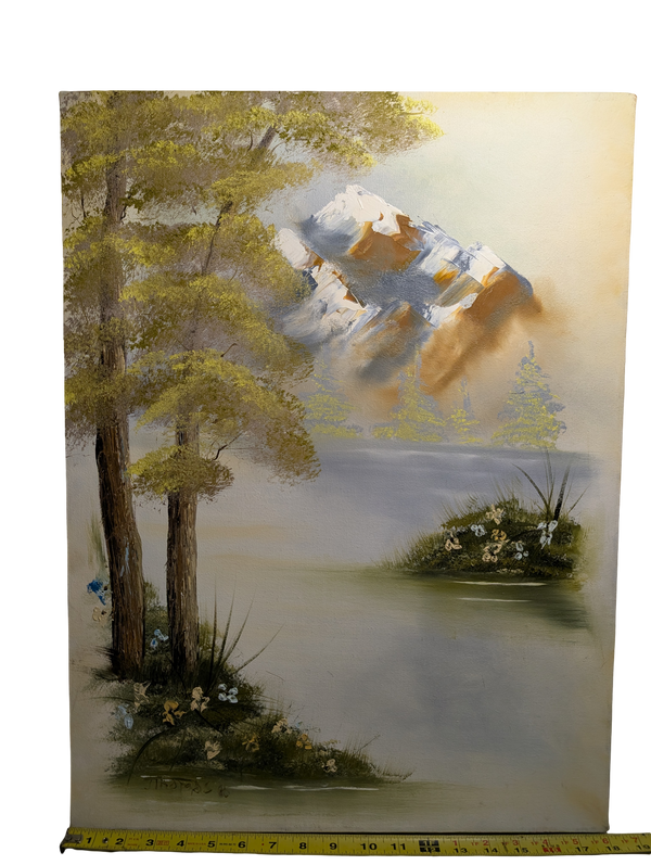 Snow capped Mountain overlooking the Lake acrylic painting 18in x 24in Canvas