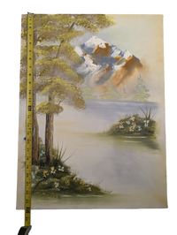 Snow capped Mountain overlooking the Lake acrylic painting 18in x 24in Canvas