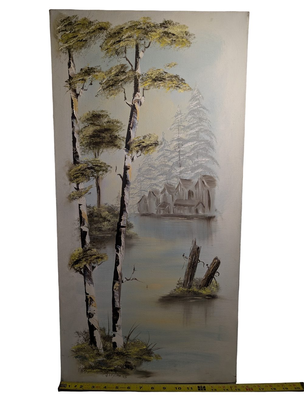 Trees over the Lake blue acrylic painting 15in x 30in Canvas