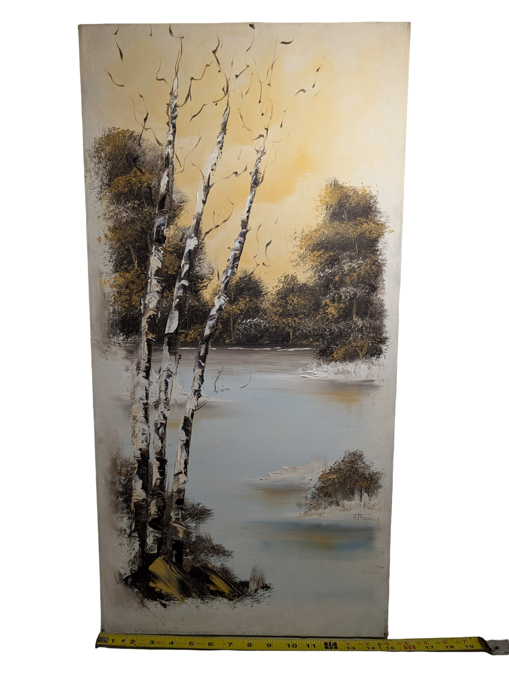 Trees over the Lake yellow acrylic painting 15in x 30in Canvas