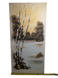 Trees over the Lake yellow acrylic painting 15in x 30in Canvas
