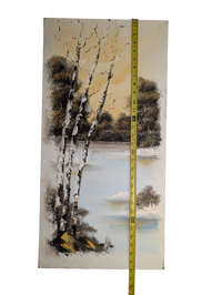 Trees over the Lake yellow acrylic painting 15in x 30in Canvas