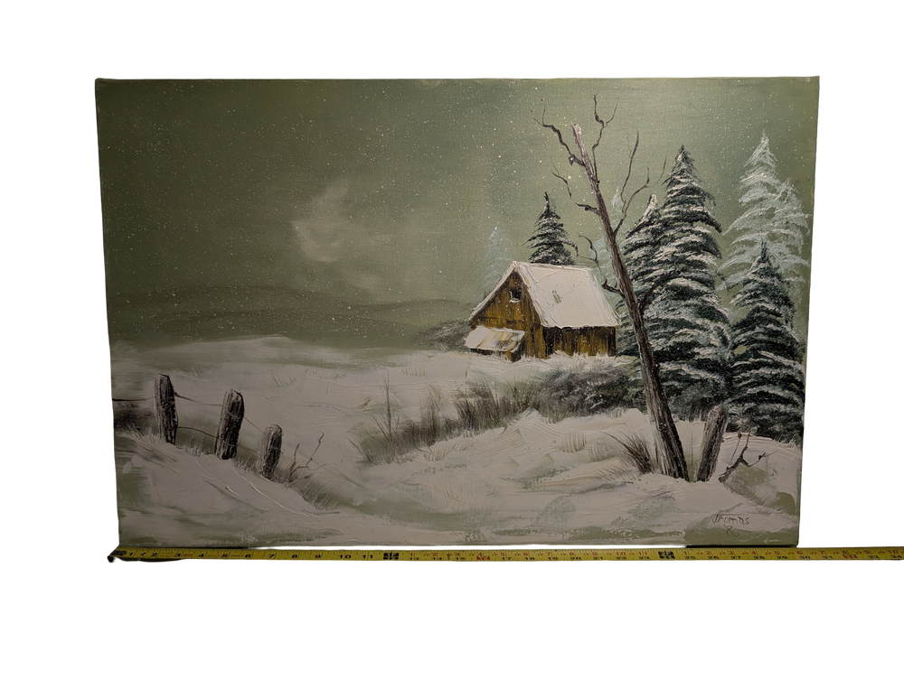 Snow covered Barn green painting 20in x 30in Canvas  Version 1
