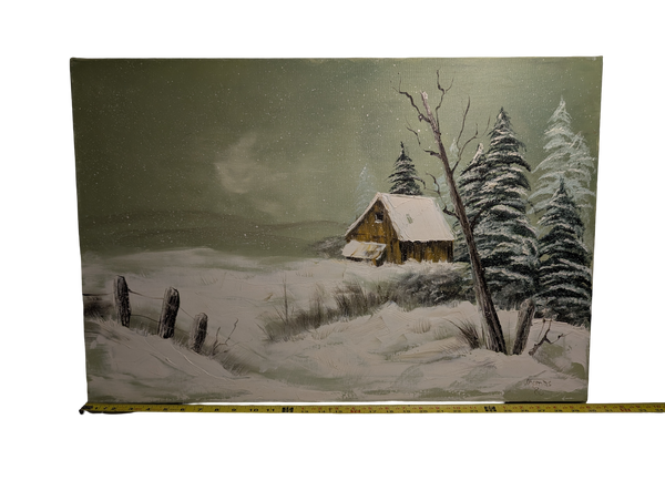 Snow covered Barn green painting 20in x 30in Canvas  Version 1