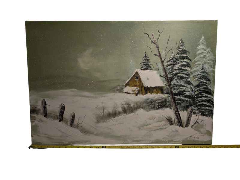 Snow covered Barn green painting 20in x 30in Canvas  Version 1