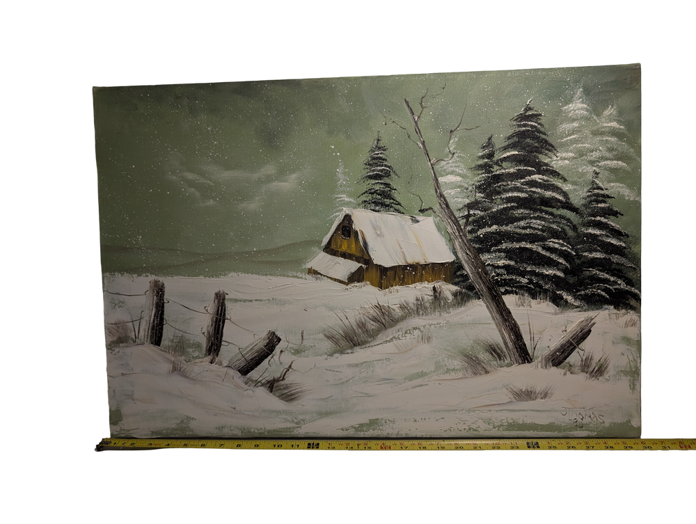 Snow covered Barn green painting 20in x 30in Canvas  Version 2