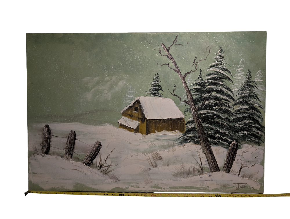 Snow covered Barn green painting 20in x 30in Canvas Version 3