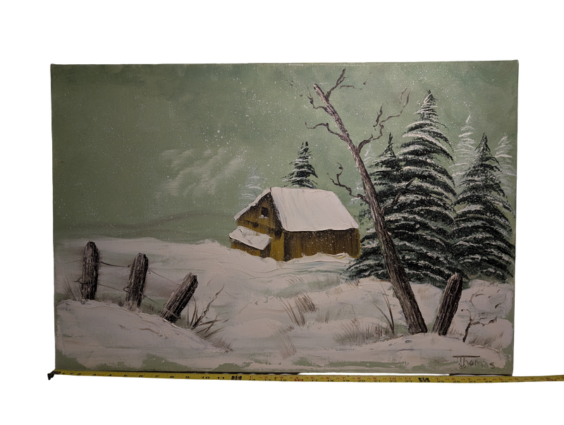 Snow covered Barn green painting 20in x 30in Canvas Version 3