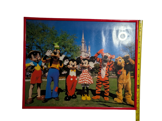 Vintage Walt Disney World Poster picturing Pinocchio, Goofy, Mickey, Minnie, Tigger and Pluto 16in x 20in Framed