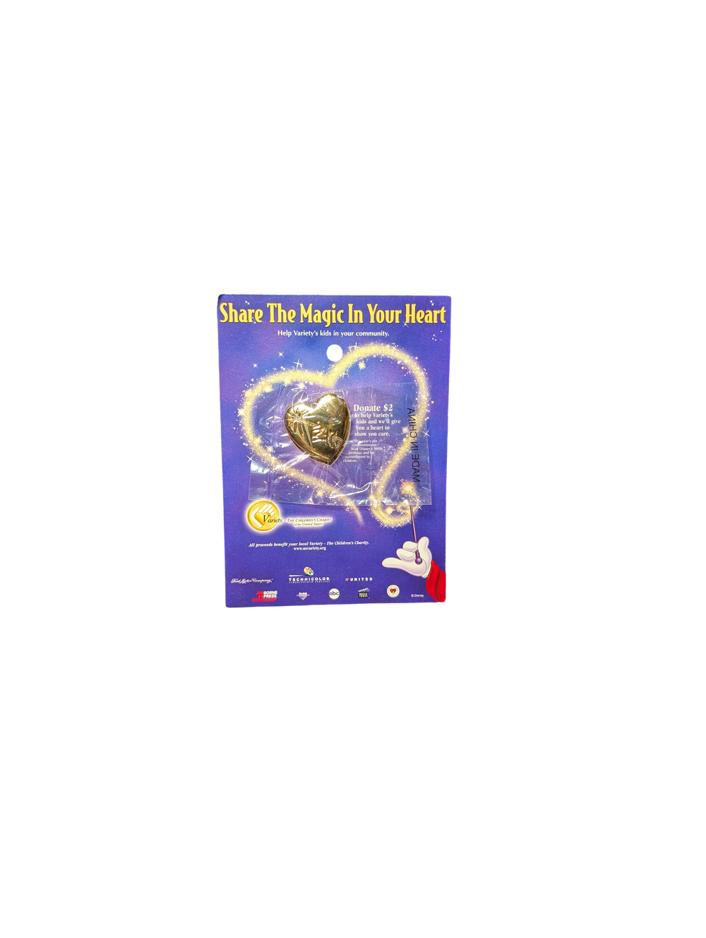 2001 Variety The Children’s Charity Walt Disney 100th Birthday Gold Heart Pin