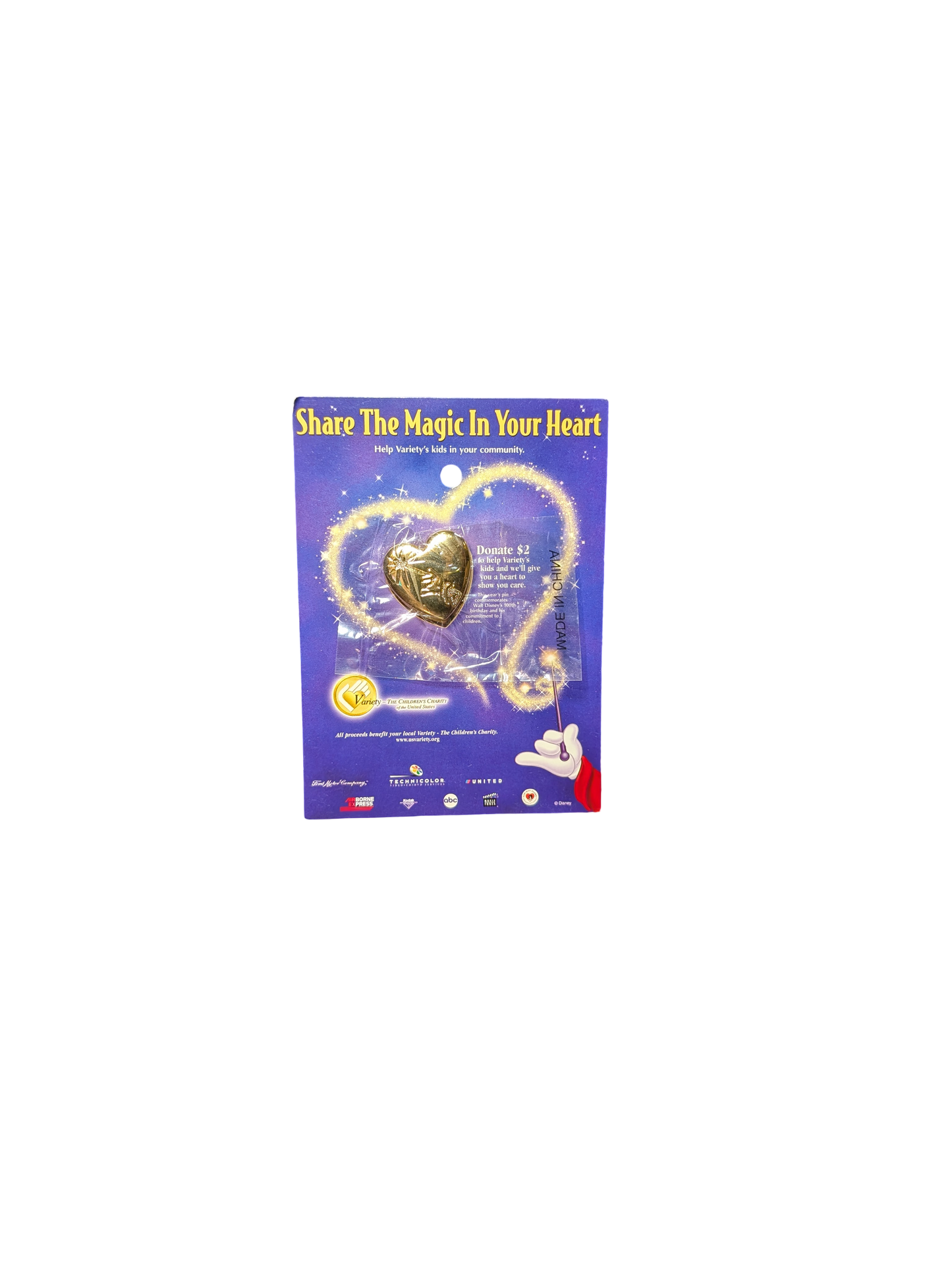 2001 Variety The Children’s Charity Walt Disney 100th Birthday Gold Heart Pin